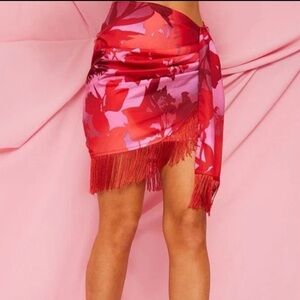 Red and Pink Floral Fringe Skirt